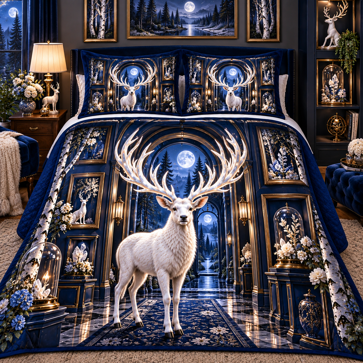 White Stag Lunar Gallery Quilted Bedding Set with printed optical 3D artwork in its use setting