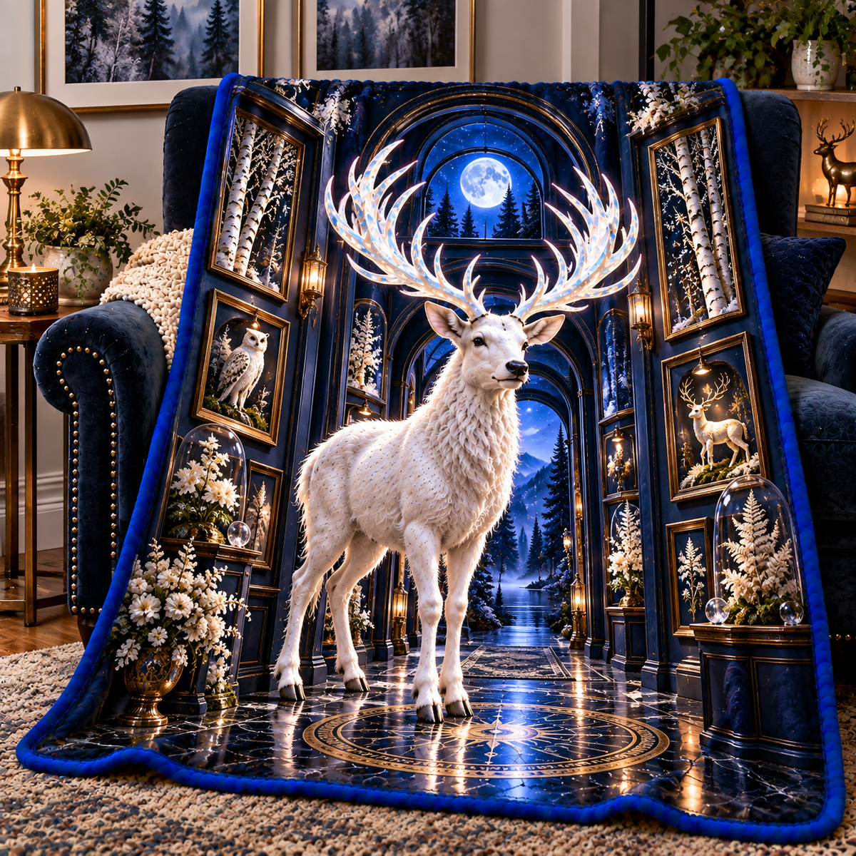 White Stag Lunar Gallery Sherpa & Fleece Blanket with printed optical 3D artwork in its use setting