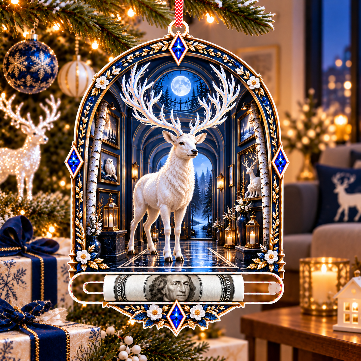 White Stag Lunar Gallery Acrylic Cash Holder Ornament with printed optical 3D artwork in its use setting