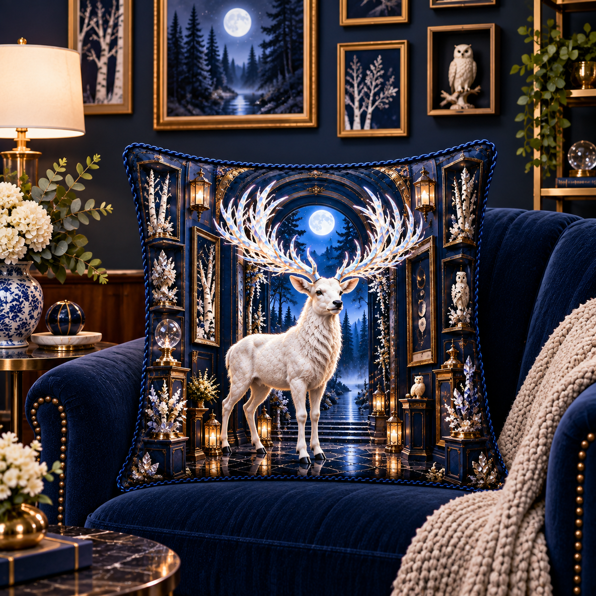 White Stag Lunar Gallery Quilted Cushion Cover with printed optical 3D artwork in its use setting