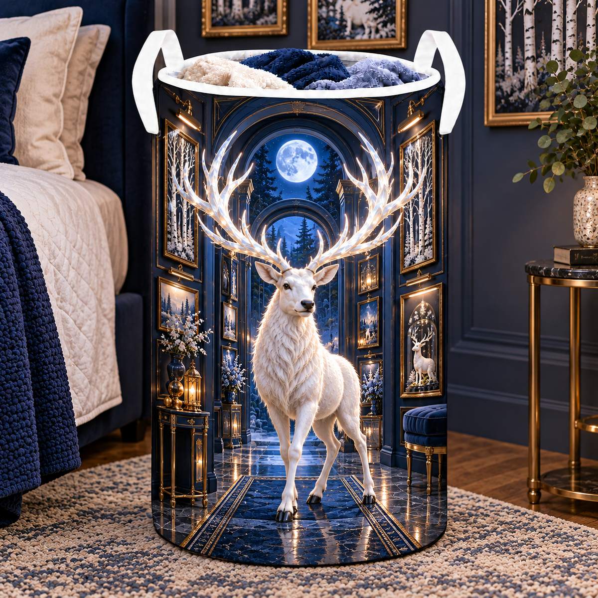 White Stag Lunar Gallery Laundry Hamper with printed optical 3D artwork in its use setting