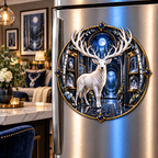 White Stag Lunar Gallery Acrylic Refrigerator Magnet with printed optical 3D artwork in its use setting