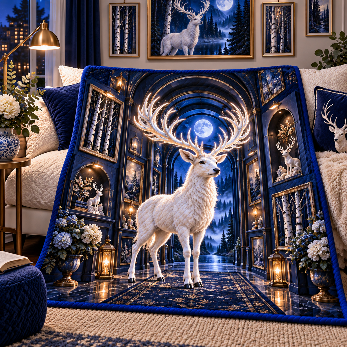 White Stag Lunar Gallery Quilt Blanket with printed optical 3D artwork in its use setting