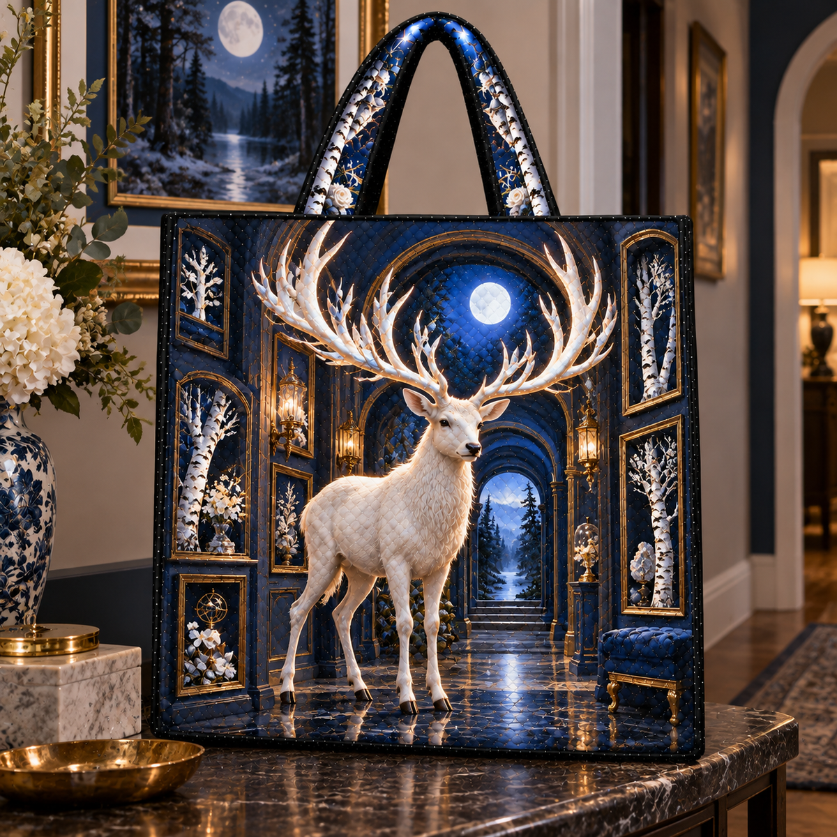 White Stag Lunar Gallery Quilted Tote Bag with printed optical 3D artwork in its use setting