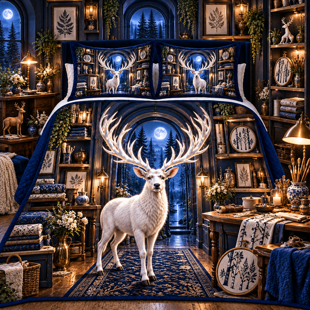 White Stag Midnight Atelier Quilted Bedding Set with printed optical 3D artwork in its use setting