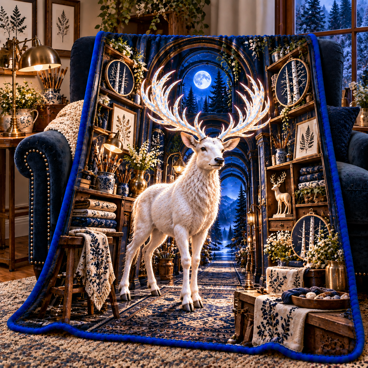 White Stag Midnight Atelier Sherpa & Fleece Blanket with printed optical 3D artwork in its use setting