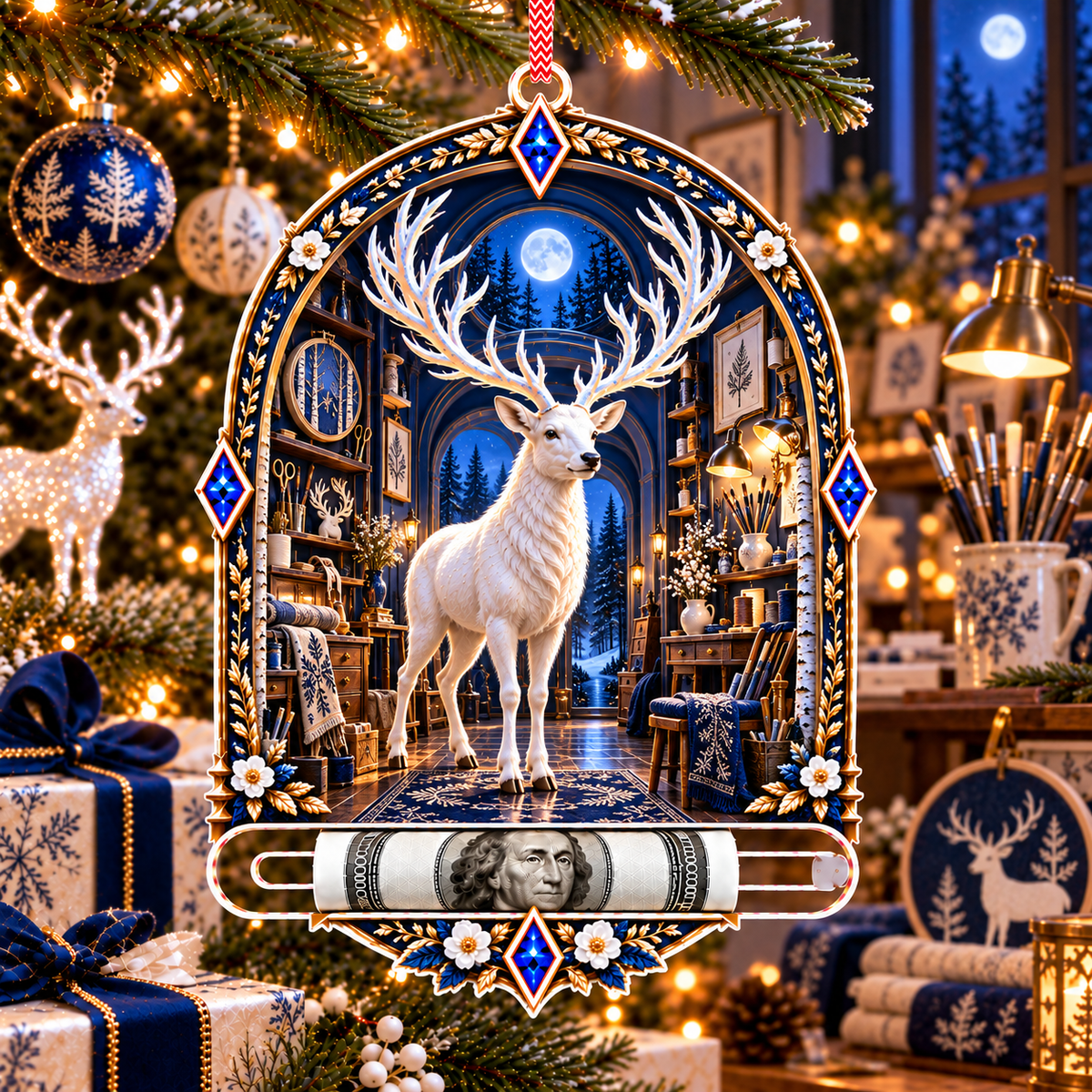 White Stag Midnight Atelier Acrylic Cash Holder Ornament with printed optical 3D artwork in its use setting