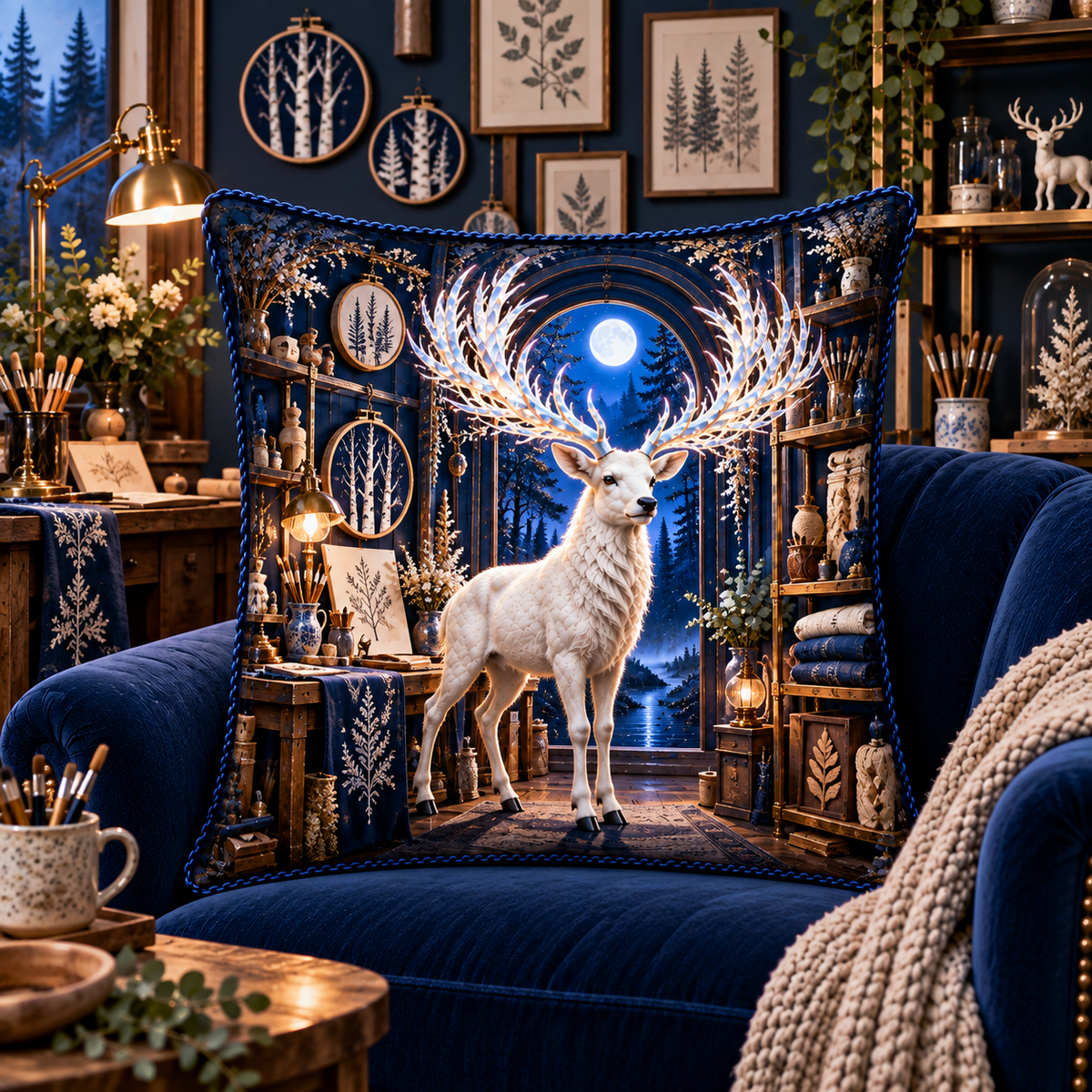 White Stag Midnight Atelier Quilted Cushion Cover with printed optical 3D artwork in its use setting