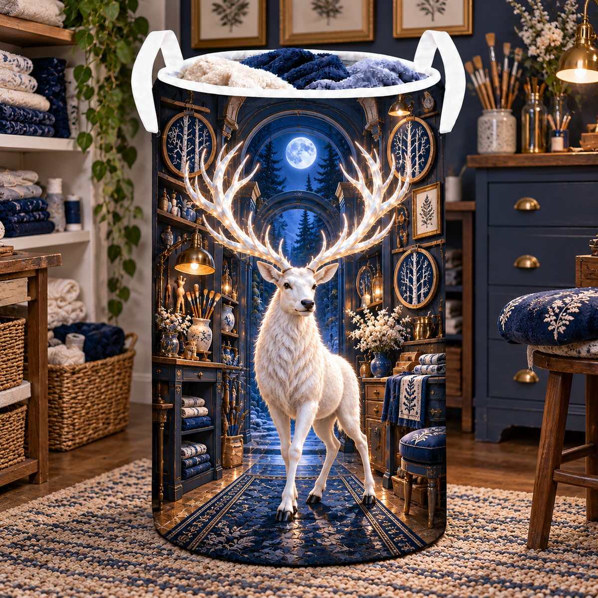 White Stag Midnight Atelier Laundry Hamper with printed optical 3D artwork in its use setting