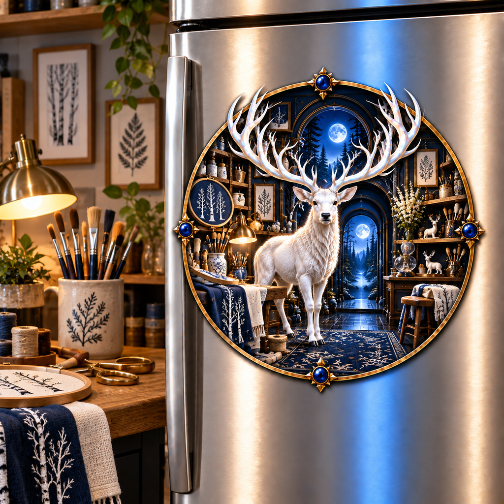 White Stag Midnight Atelier Acrylic Refrigerator Magnet with printed optical 3D artwork in its use setting