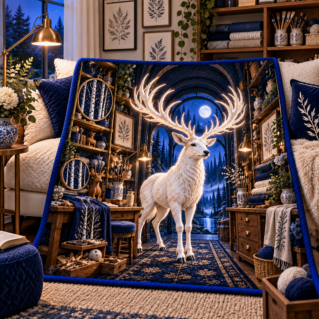 White Stag Midnight Atelier Quilt Blanket with printed optical 3D artwork in its use setting