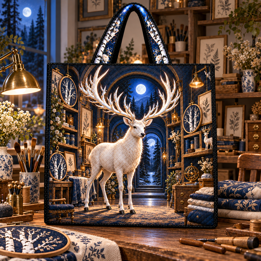 White Stag Midnight Atelier Quilted Tote Bag with printed optical 3D artwork in its use setting