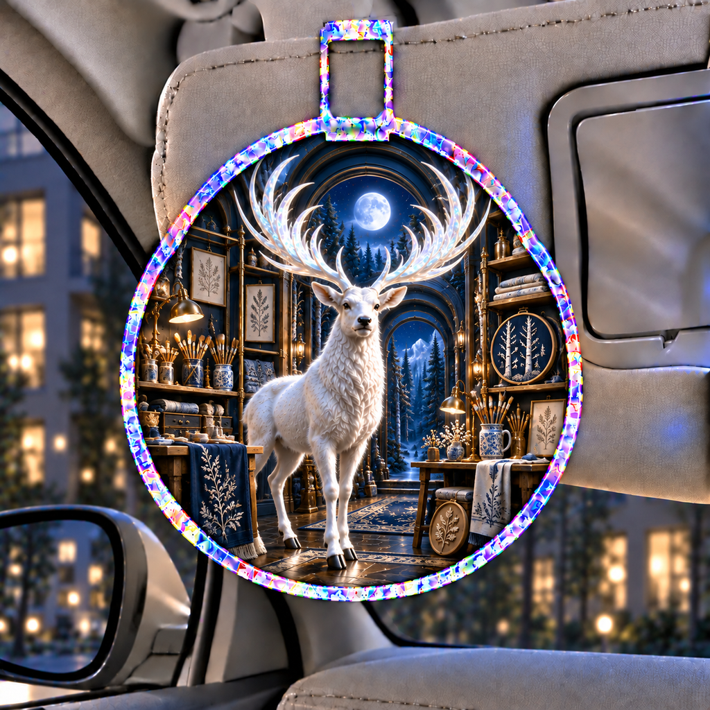 White Stag Midnight Atelier Holographic Car Visor Clip with printed optical 3D artwork in its use setting
