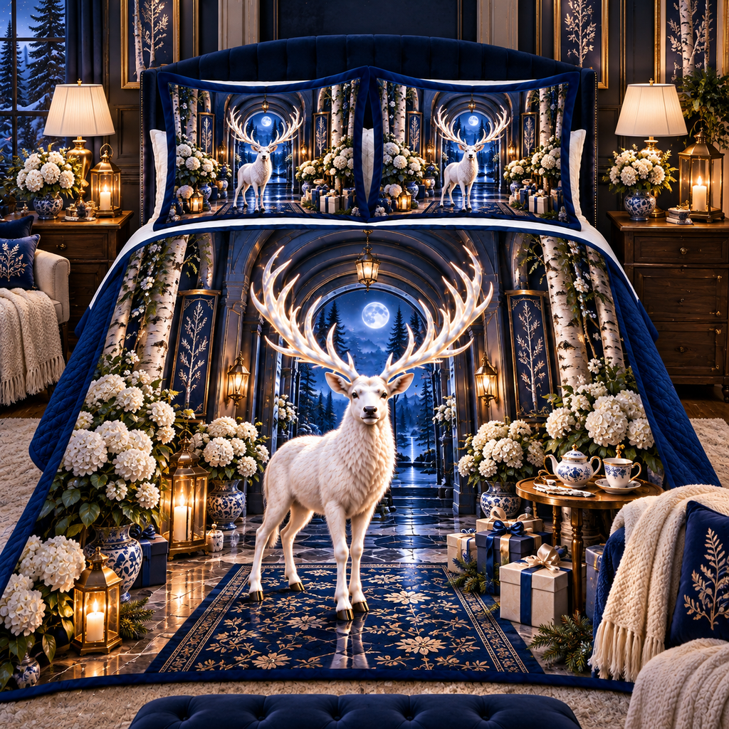 White Stag Moonlit Welcome Quilted Bedding Set with printed optical 3D artwork in its use setting