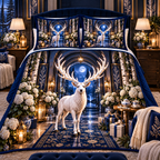 White Stag Moonlit Welcome Quilted Bedding Set with printed optical 3D artwork in its use setting