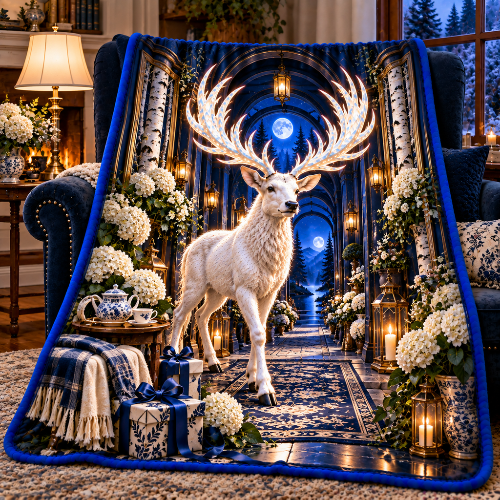 White Stag Moonlit Welcome Sherpa & Fleece Blanket with printed optical 3D artwork in its use setting