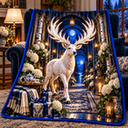 White Stag Moonlit Welcome Sherpa & Fleece Blanket with printed optical 3D artwork in its use setting