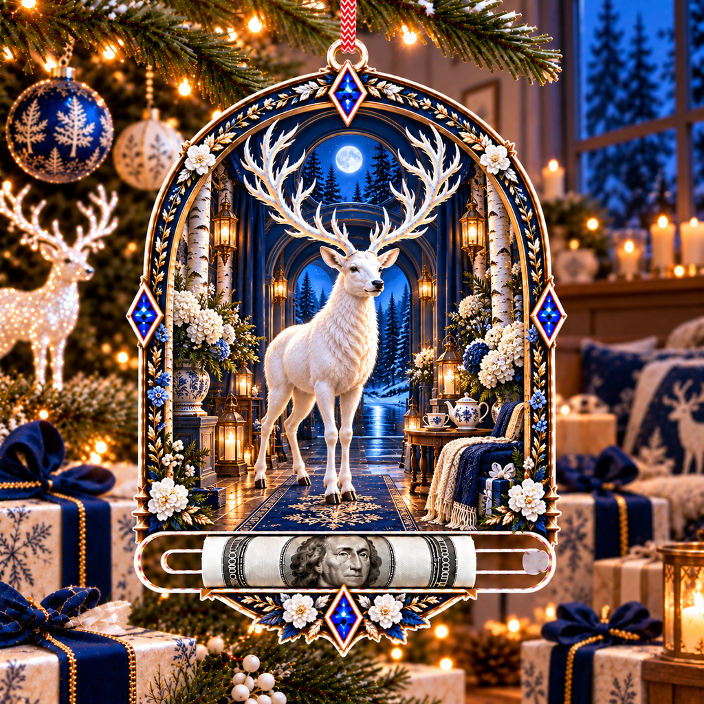 White Stag Moonlit Welcome Acrylic Cash Holder Ornament with printed optical 3D artwork in its use setting