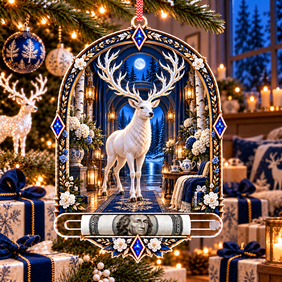White Stag Moonlit Welcome Acrylic Cash Holder Ornament with printed optical 3D artwork in its use setting