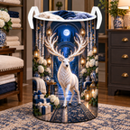 White Stag Moonlit Welcome Laundry Hamper with printed optical 3D artwork in its use setting