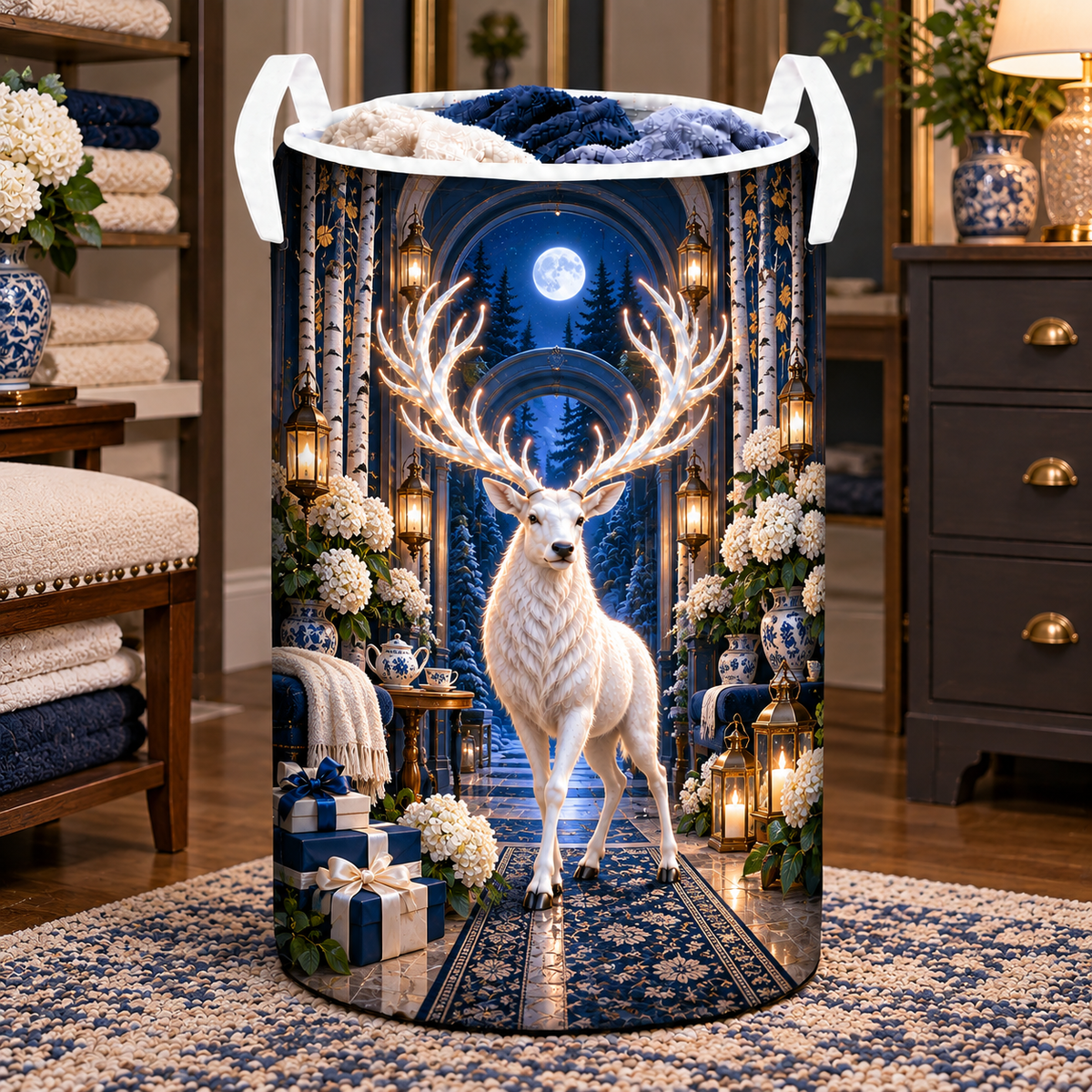 White Stag Moonlit Welcome Laundry Hamper with printed optical 3D artwork in its use setting