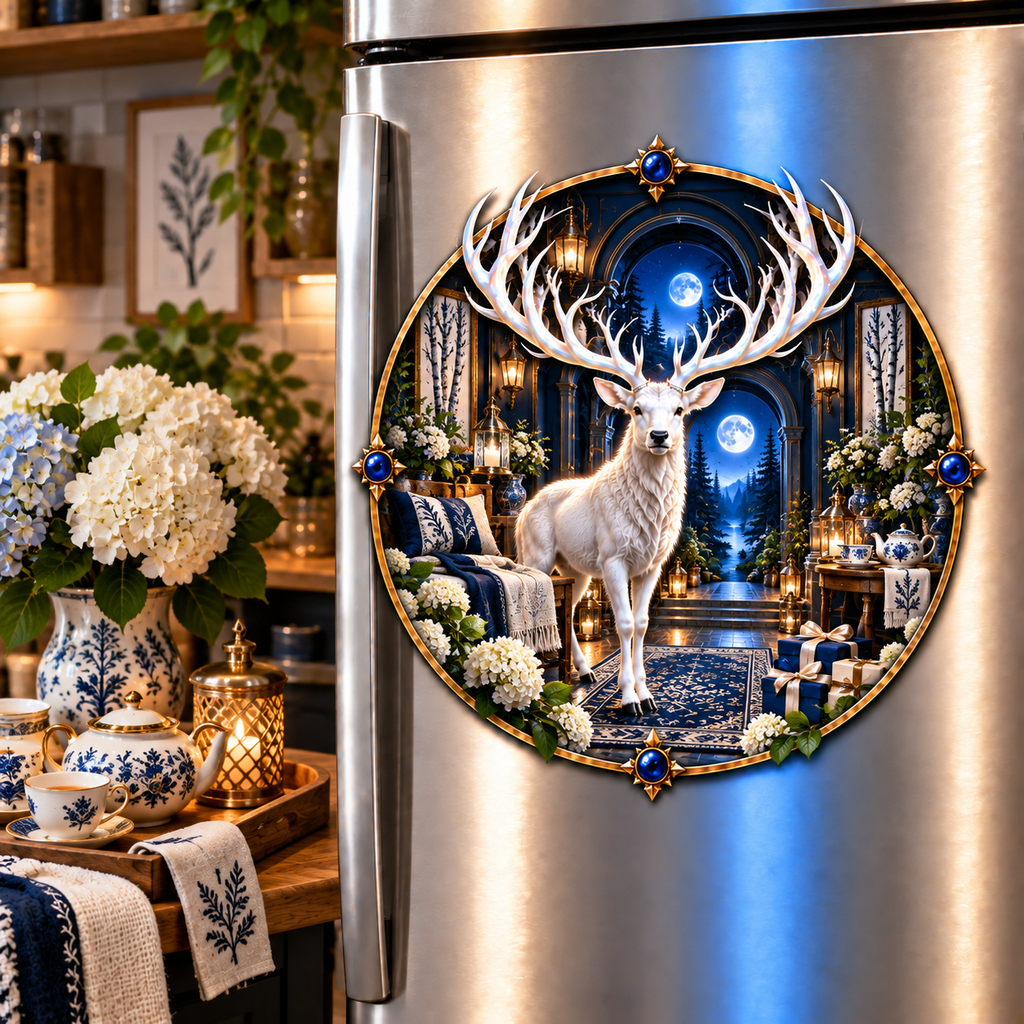 White Stag Moonlit Welcome Acrylic Refrigerator Magnet with printed optical 3D artwork in its use setting