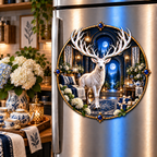 White Stag Moonlit Welcome Acrylic Refrigerator Magnet with printed optical 3D artwork in its use setting