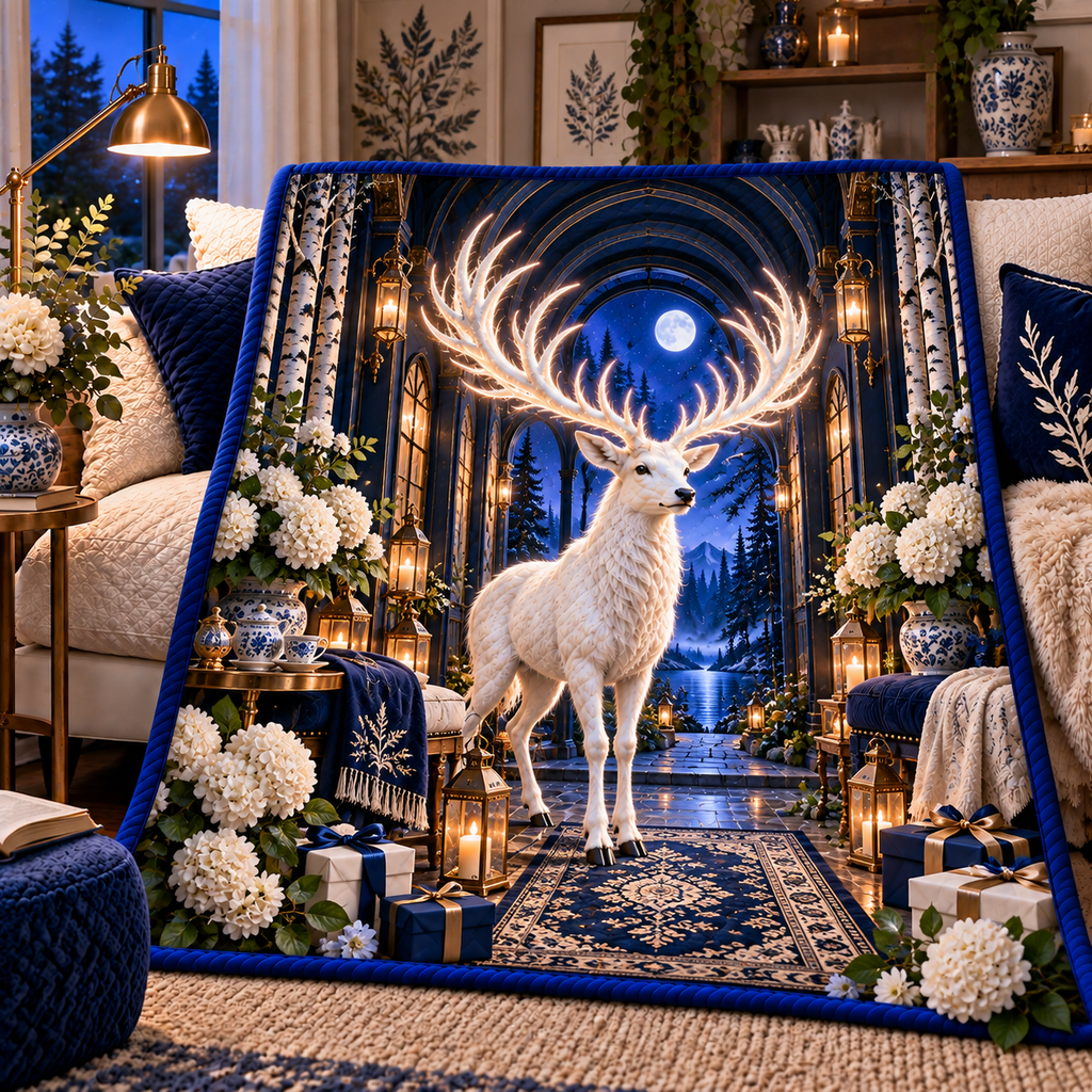 White Stag Moonlit Welcome Quilt Blanket with printed optical 3D artwork in its use setting