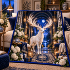 White Stag Moonlit Welcome Quilt Blanket with printed optical 3D artwork in its use setting