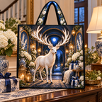 White Stag Moonlit Welcome Quilted Tote Bag with printed optical 3D artwork in its use setting