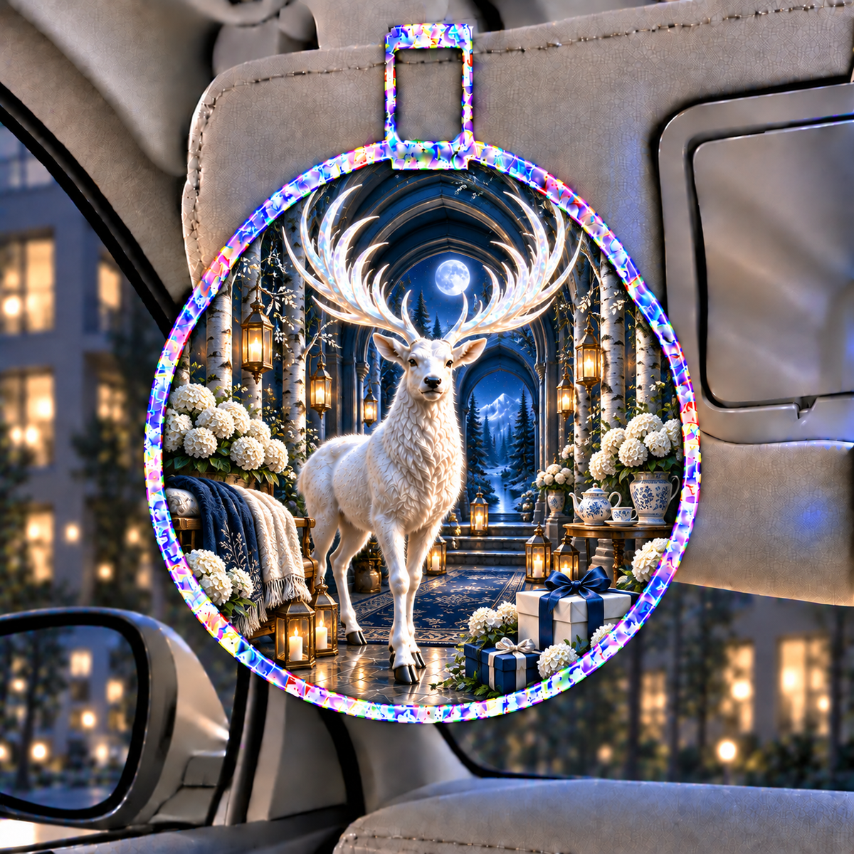 White Stag Moonlit Welcome Holographic Car Visor Clip with printed optical 3D artwork in its use setting