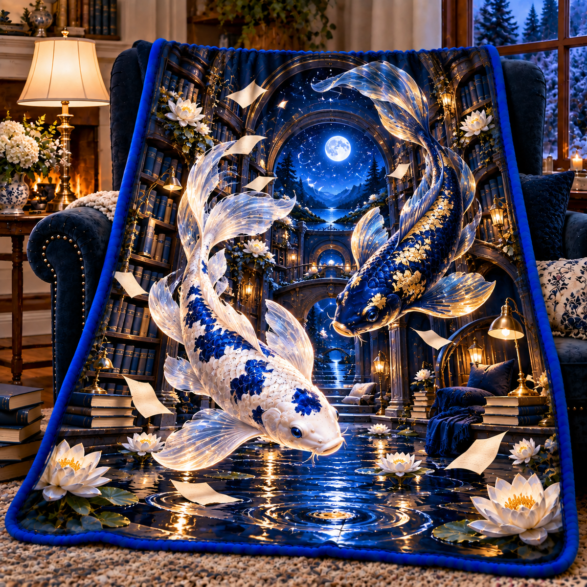 Celestial Koi Starlit Library Sherpa & Fleece Blanket with printed optical 3D artwork in its use setting