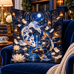 Celestial Koi Starlit Library Quilted Cushion Cover with printed optical 3D artwork in its use setting