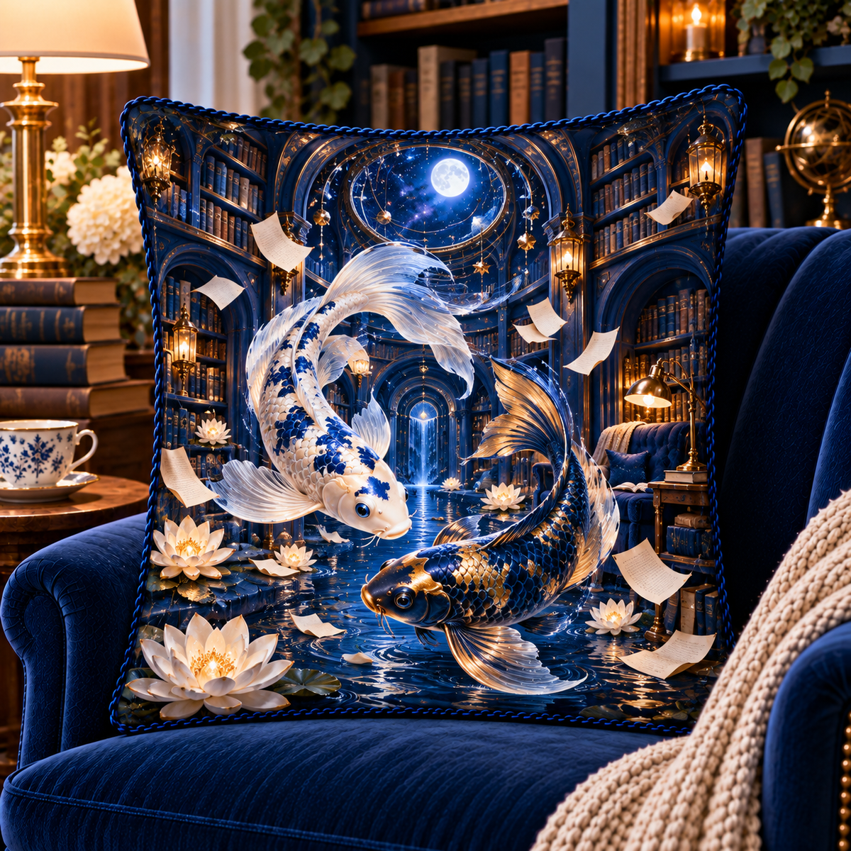 Celestial Koi Starlit Library Quilted Cushion Cover with printed optical 3D artwork in its use setting