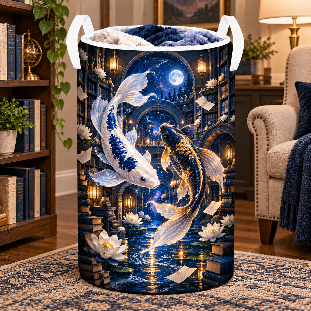 Celestial Koi Starlit Library Laundry Hamper with printed optical 3D artwork in its use setting