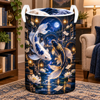 Celestial Koi Starlit Library Laundry Hamper with printed optical 3D artwork in its use setting