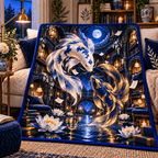 Celestial Koi Starlit Library Quilt Blanket with printed optical 3D artwork in its use setting