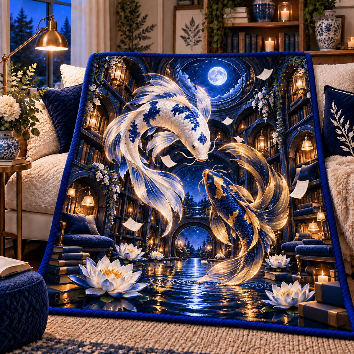 Celestial Koi Starlit Library Quilt Blanket with printed optical 3D artwork in its use setting