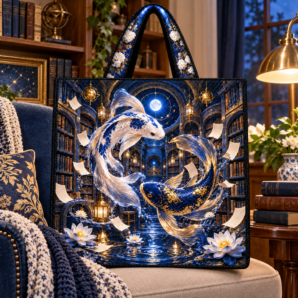Celestial Koi Starlit Library Quilted Tote Bag with printed optical 3D artwork in its use setting