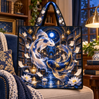 Celestial Koi Starlit Library Quilted Tote Bag with printed optical 3D artwork in its use setting