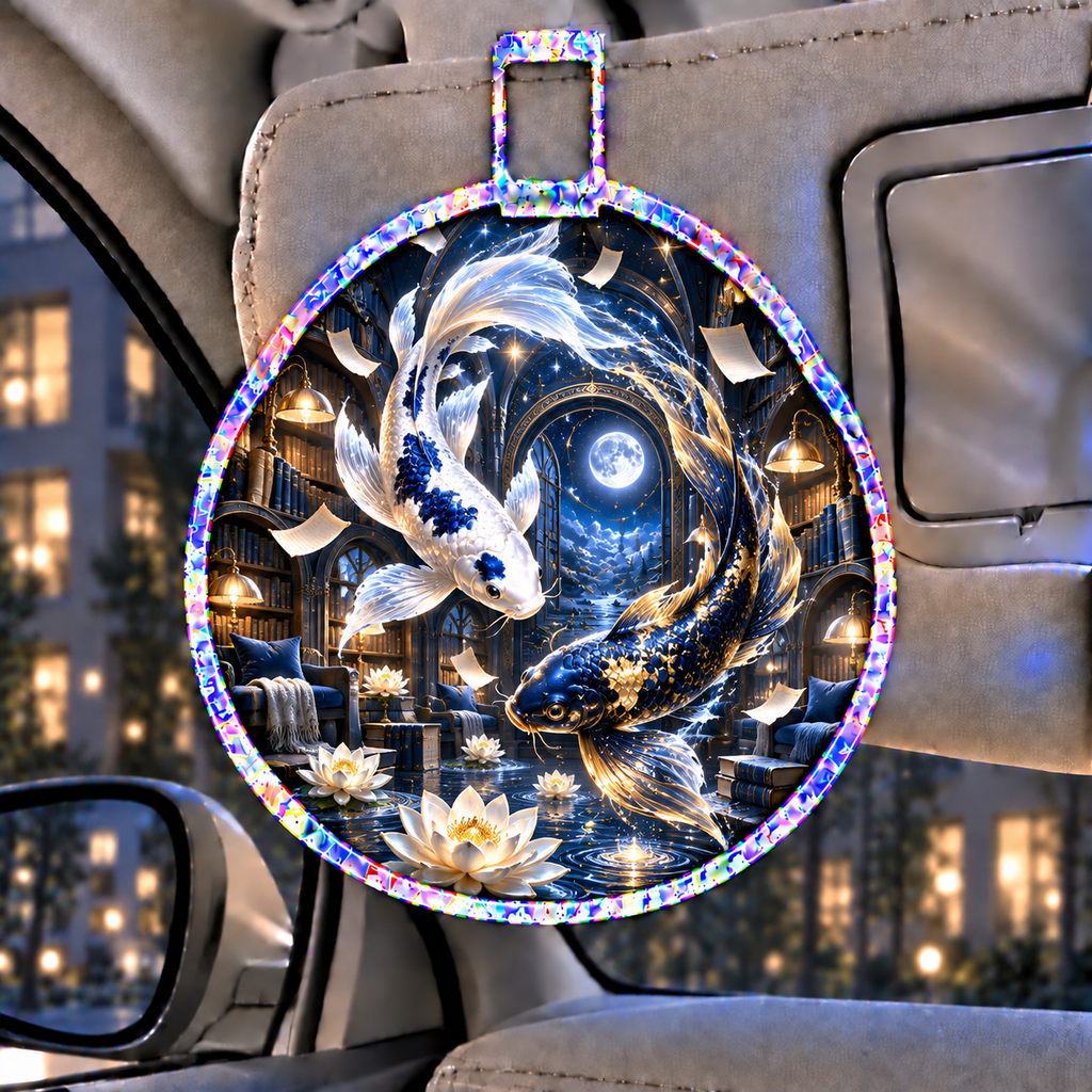 Celestial Koi Starlit Library Holographic Car Visor Clip with printed optical 3D artwork in its use setting