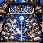 Celestial Koi Moon Palace Quilted Bedding Set with printed optical 3D artwork in its use setting