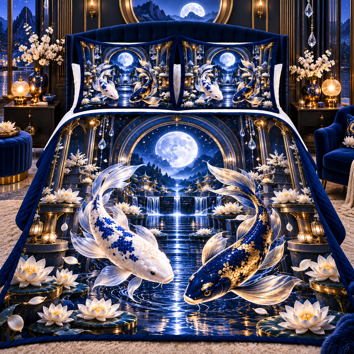 Celestial Koi Moon Palace Quilted Bedding Set with printed optical 3D artwork in its use setting
