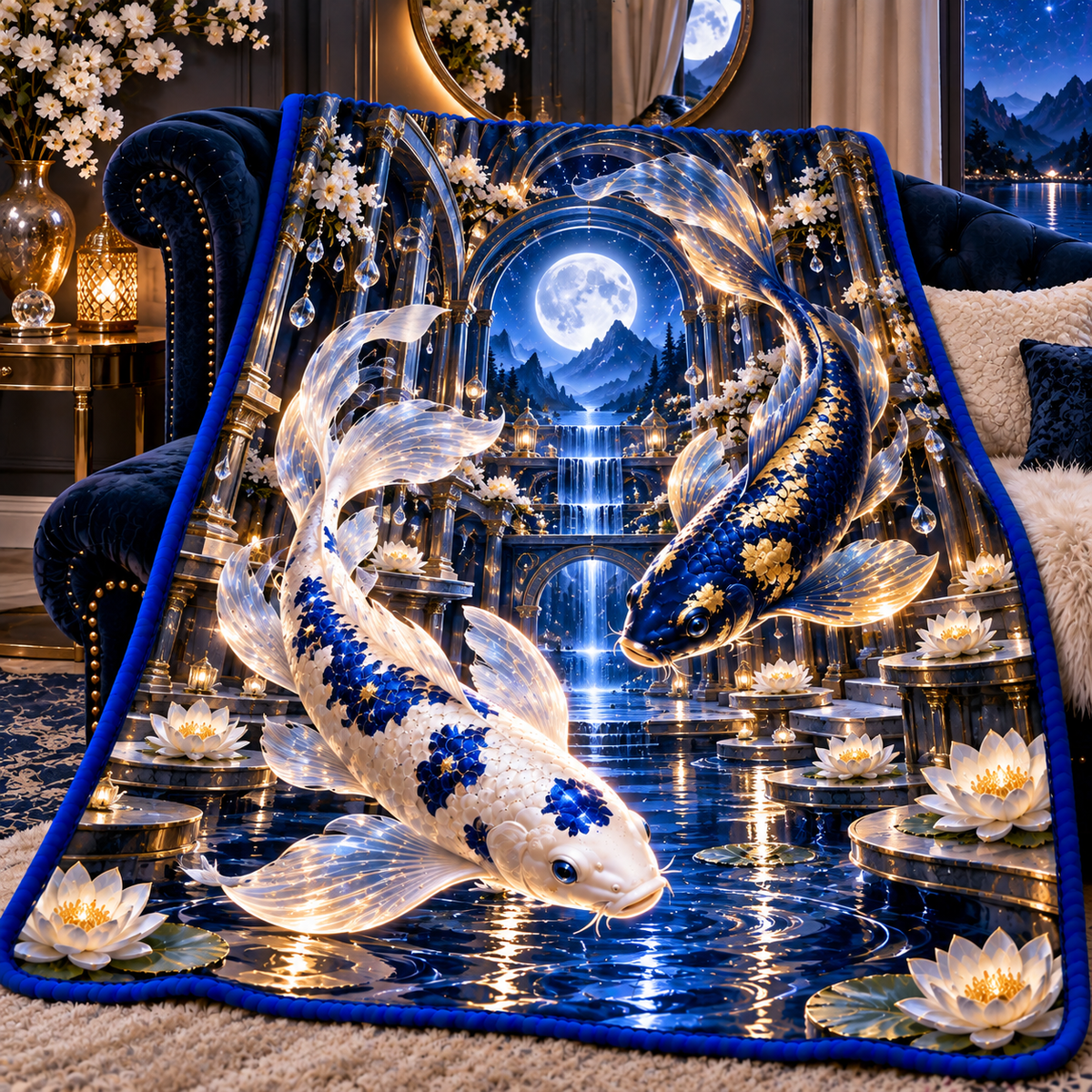 Celestial Koi Moon Palace Sherpa & Fleece Blanket with printed optical 3D artwork in its use setting