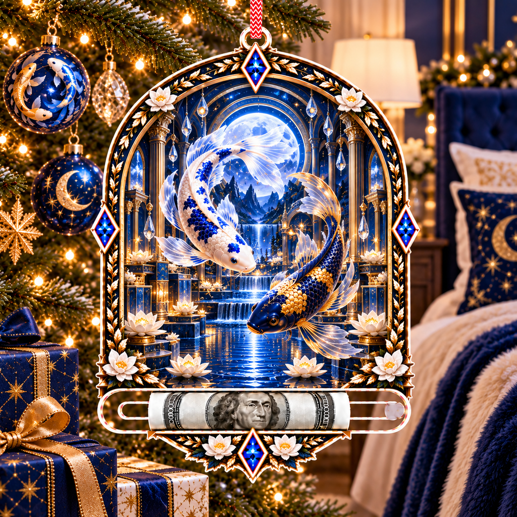 Celestial Koi Moon Palace Acrylic Cash Holder Ornament with printed optical 3D artwork in its use setting