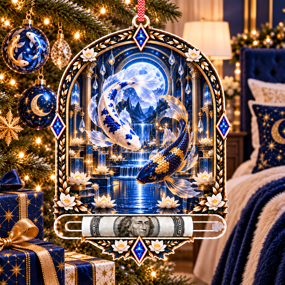 Celestial Koi Moon Palace Acrylic Cash Holder Ornament with printed optical 3D artwork in its use setting