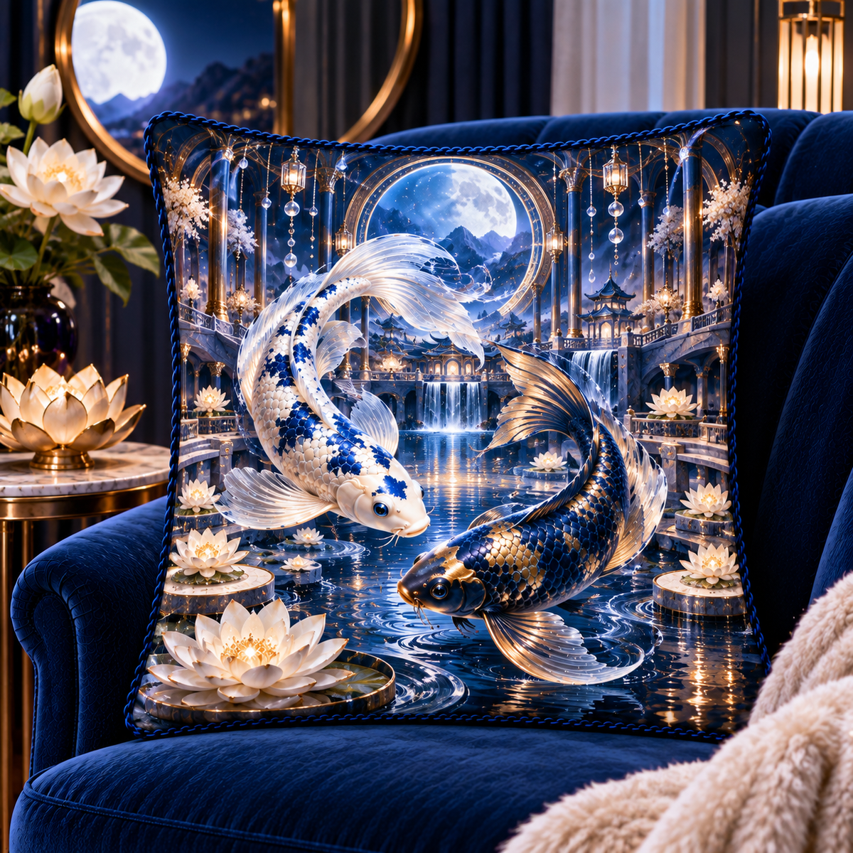 Celestial Koi Moon Palace Quilted Cushion Cover with printed optical 3D artwork in its use setting