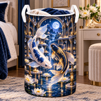 Celestial Koi Moon Palace Laundry Hamper with printed optical 3D artwork in its use setting
