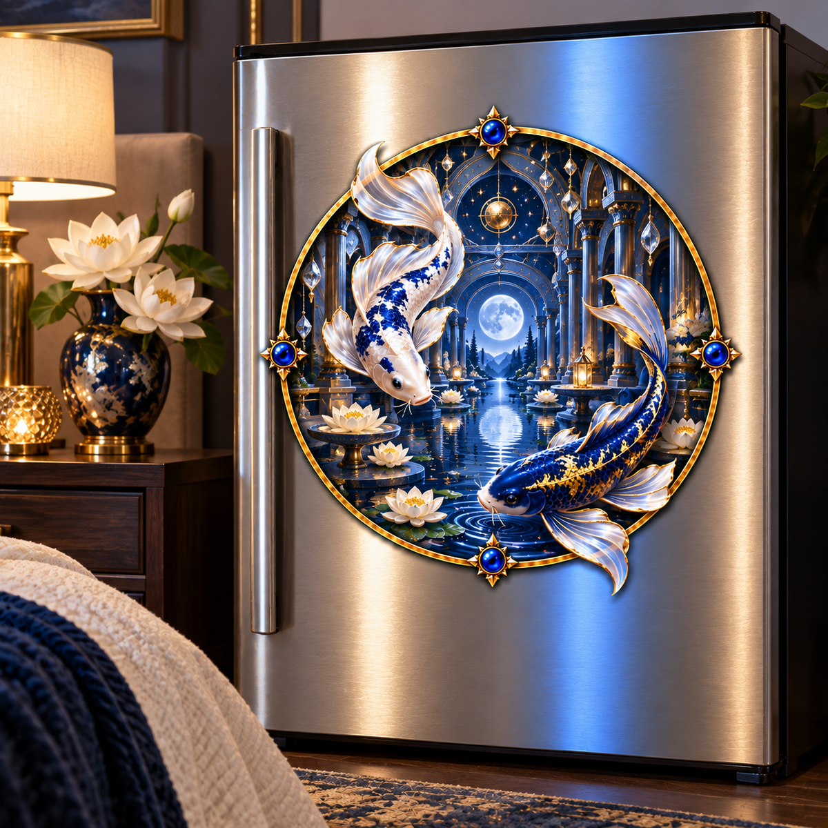 Celestial Koi Moon Palace Acrylic Refrigerator Magnet with printed optical 3D artwork in its use setting