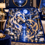Celestial Koi Moon Palace Quilt Blanket with printed optical 3D artwork in its use setting